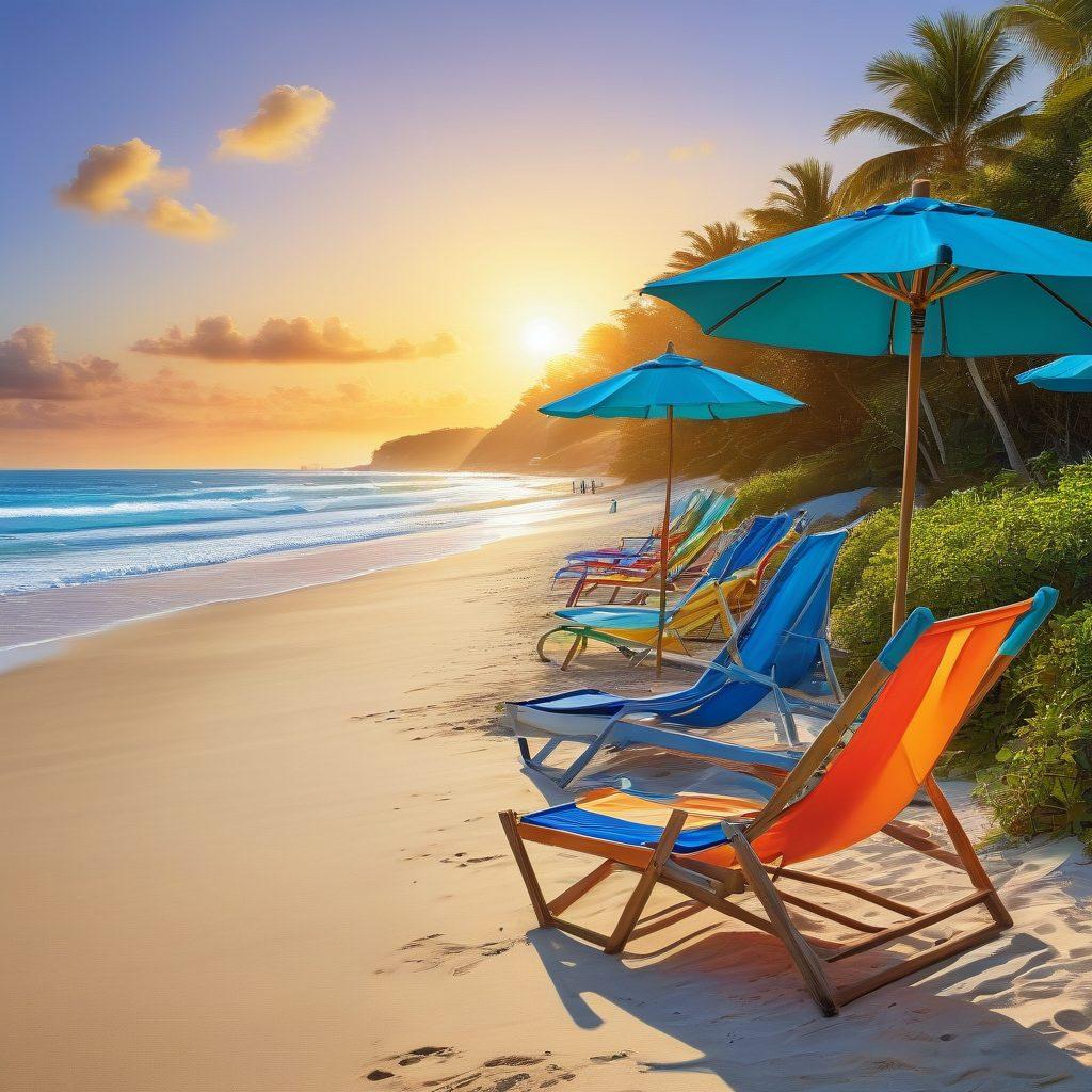 A serene oceanfront property under a clear blue sky, showcasing a beautiful beach with golden sands and gentle waves. Attractive beach houses with colorful beach umbrellas and loungers line the shore, inviting people to relax and explore. Include lush greenery and a vibrant sunset in the background to create a warm, inviting atmosphere. Add playful beachgoers enjoying summer activities like swimming and beach volleyball. super-realistic. vibrant colors. warm tones.