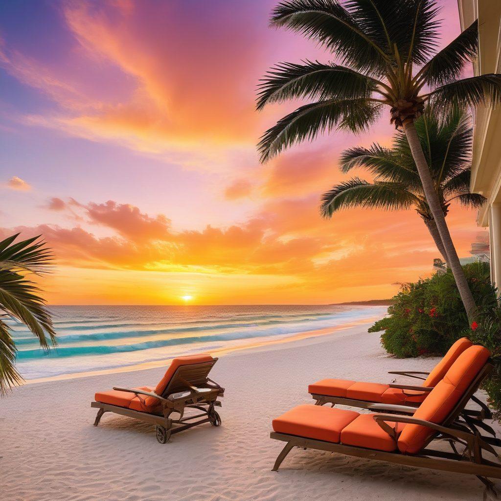 A stunning oceanfront view showcasing a luxurious beachfront property with palm trees swaying in the breeze, golden sands leading to crystal-clear turquoise waters, and vibrant summer decor on a patio overlooking the beach. Include elements of relaxation like beach chairs, umbrellas, and a sunset casting warm hues. Capture a sense of serenity and lifestyle by the coast. super-realistic. vibrant colors.