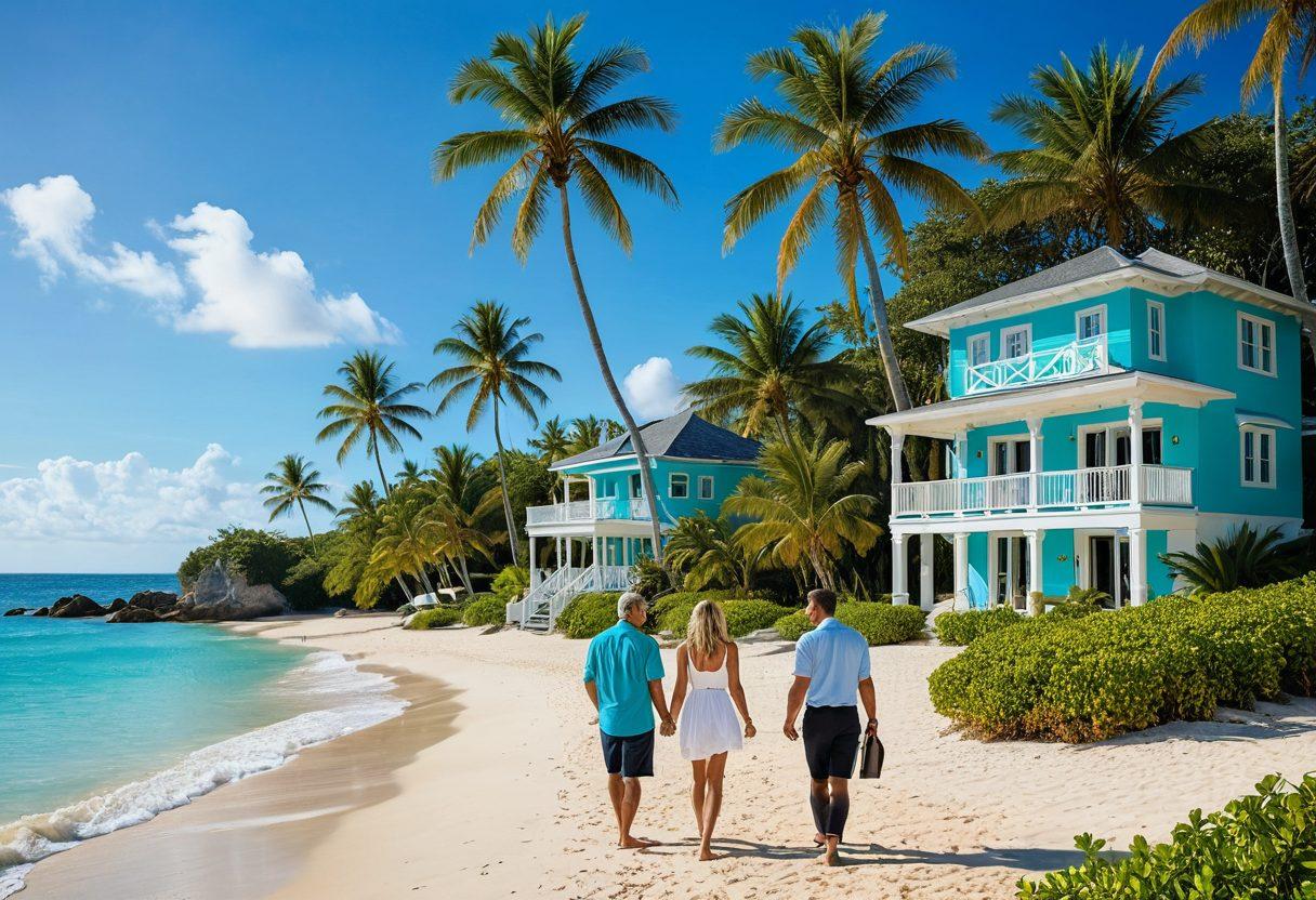 A stunning seaside view showcasing luxurious beachfront properties with palm trees swaying in the breeze, glistening turquoise waters, and a golden sandy beach under a bright blue sky. Include a couple looking at a property with a real estate agent discussing details. Captivating ambiance of tropical paradise with vibrant colors. super-realistic. vibrant colors. sunny day.